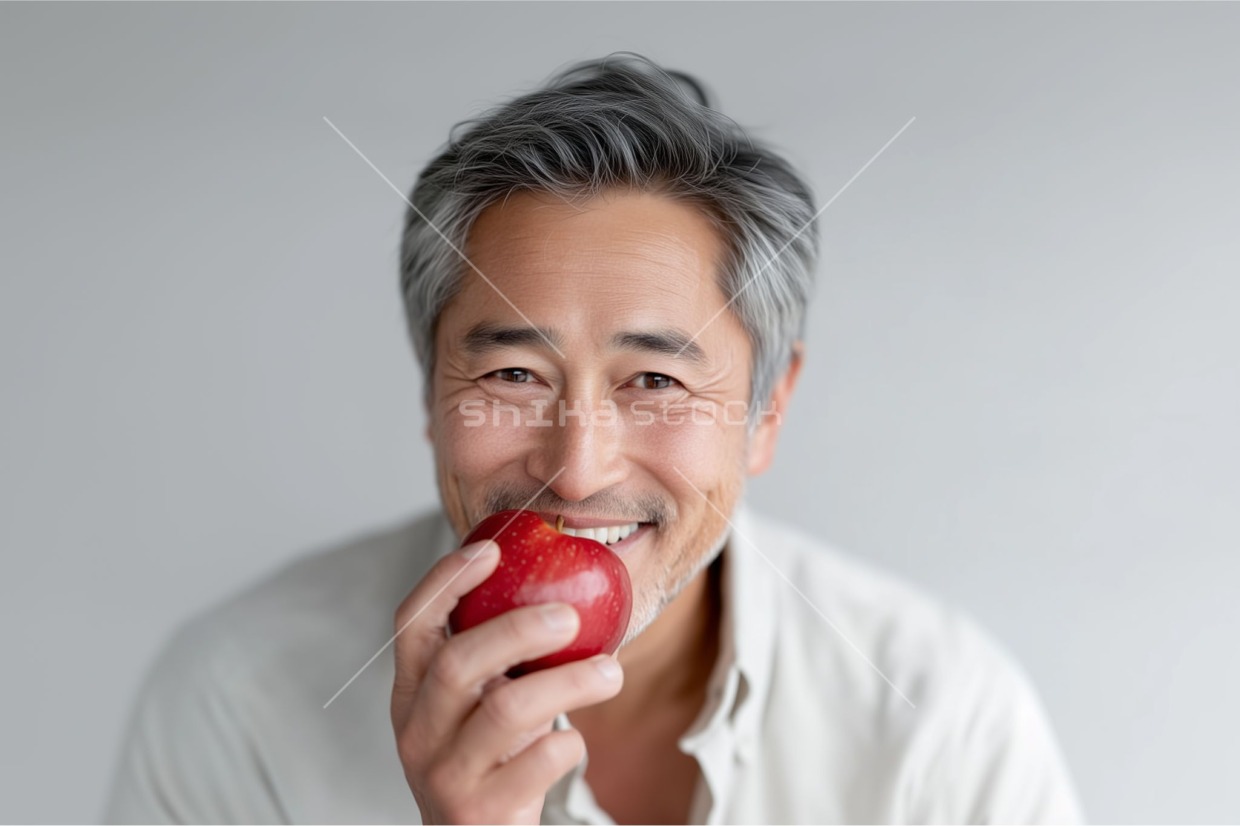 いつまでも健康な歯 − リンゴをかじる男性【AI生成】
